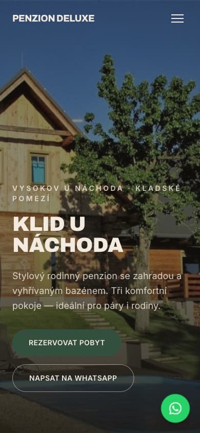 Penzion Deluxe website on mobile — home page with booking